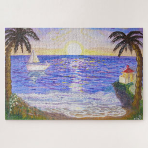 Ocean sunrise, coast landscape, yacht & palms art jigsaw puzzle