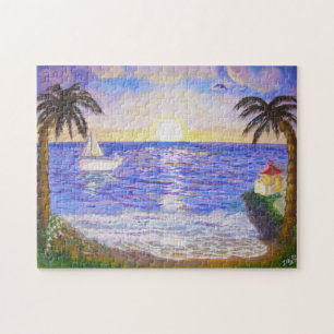 Ocean sunrise, coast landscape, yacht & palms art jigsaw puzzle
