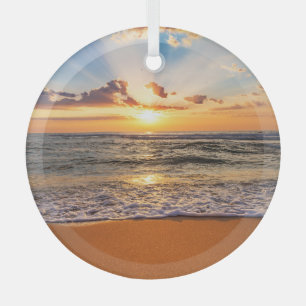 Ocean sunrise, deep blue horizon. glass ornament