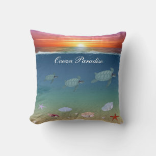 Ocean sunrise, sea turtles and shells throw pillow