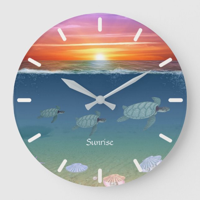 Ocean sunrise, sea turtles & pearls large clock (Front)