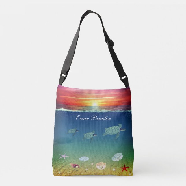 Ocean sunrise, sea turtles, shells & calligraphy crossbody bag (Back)