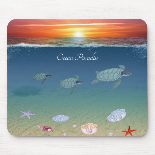 Ocean sunrise, swimming sea turtles and shells mouse pad (Front)