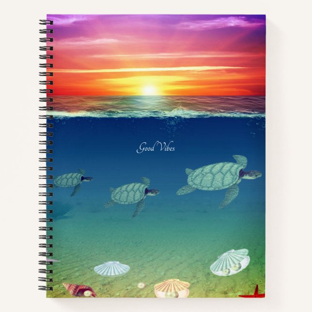 Ocean sunrise, swimming sea turtles & shells notebook (Front)