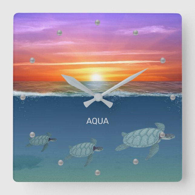 Ocean sunrise & swimming sea turtles square wall clock (Front)