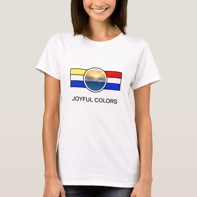 Ocean Sunrise with Primary Colours & Stripes T-Shirt (Front)