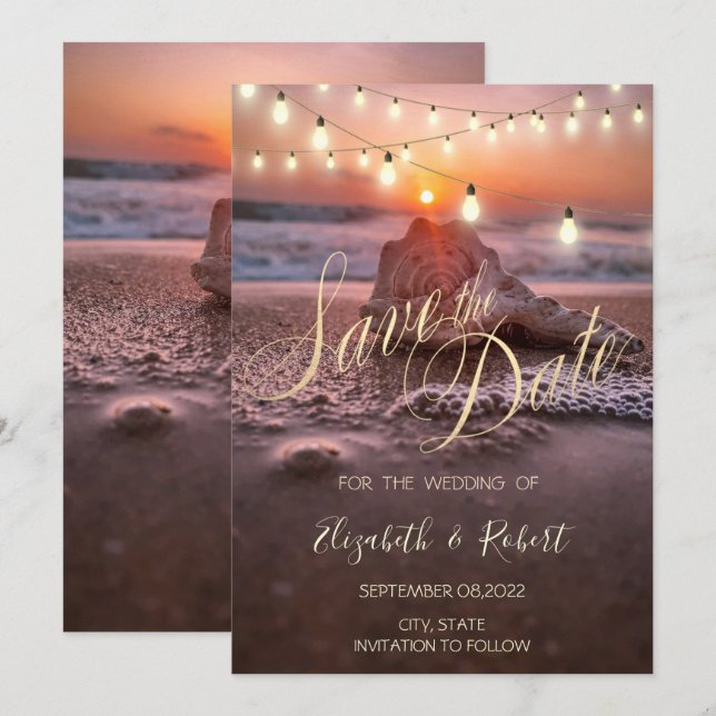 Ocean Sunset Beach Seashell,Light  Save The Date (Front/Back)
