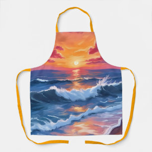 Ocean Sunset Beach Waves Watercolor Apron
