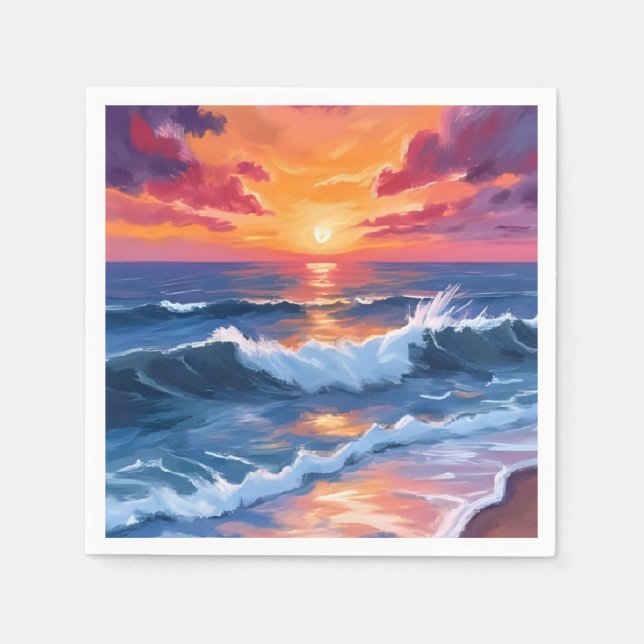 Ocean Sunset Beach Waves Watercolor Card Napkin (Front)