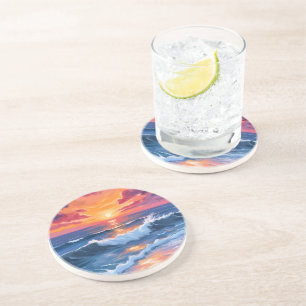 Ocean Sunset Beach Waves Watercolor Coaster
