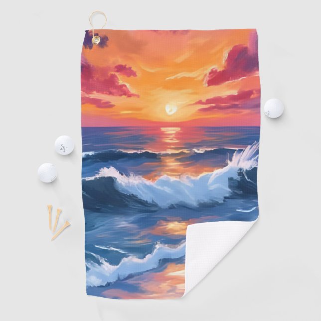Ocean Sunset Beach Waves Watercolor Golf Towel (InSitu)