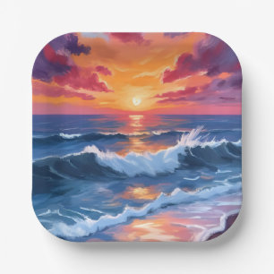Ocean Sunset Beach Waves Watercolor Paper Plate
