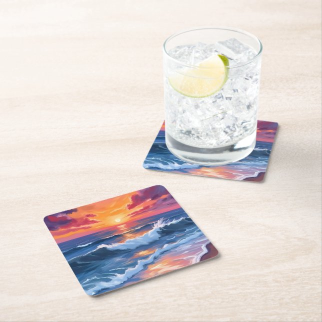 Ocean Sunset Beach Waves Watercolor Square Paper Coaster (Insitu)