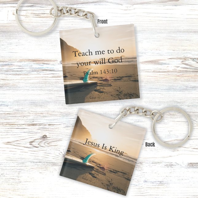 Ocean Sunset Beach with Psalm 143:10 Scripture Keychain (Creator Uploaded)