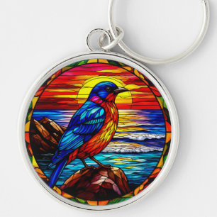 Ocean Sunset Bird Perched Rock Gift Keychain