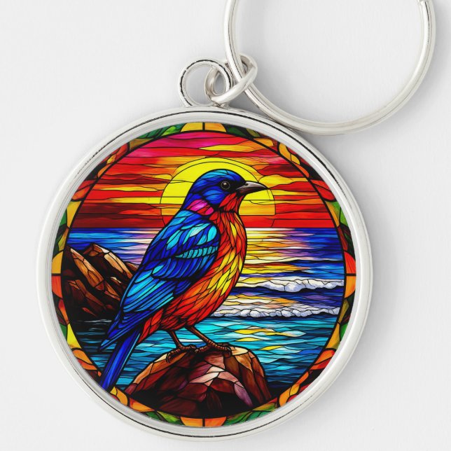 Ocean Sunset Bird Perched Rock Gift Keychain (Front)