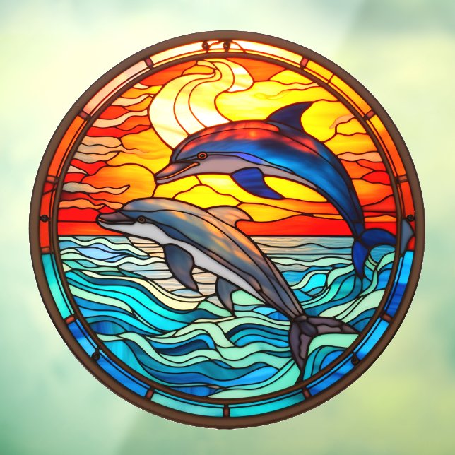 Ocean Sunset Dolphins Jumping Faux Stained Glass Window Cling (Sheet 3)