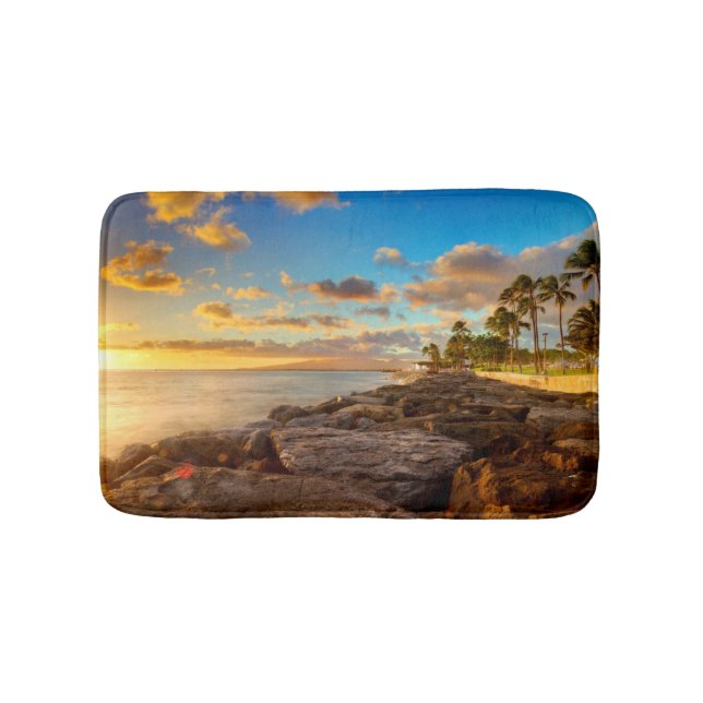 Ocean Sunset Over Rocks And Palm | O'Ahu Bath Mat (Front)