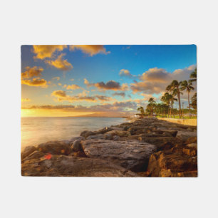 Ocean Sunset Over Rocks And Palm   O'Ahu Doormat