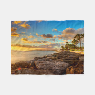 Ocean Sunset Over Rocks And Palm   O'Ahu Fleece Blanket