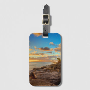 Ocean Sunset Over Rocks And Palm   O'Ahu Luggage Tag
