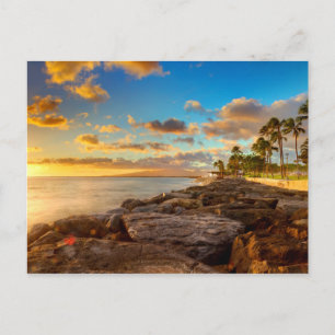 Ocean Sunset Over Rocks And Palm   O'Ahu Postcard