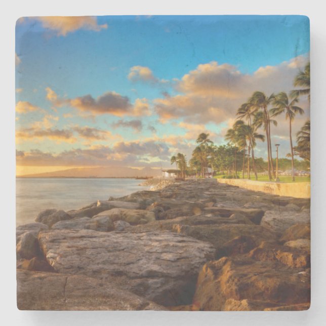 Ocean Sunset Over Rocks And Palm | O'Ahu Stone Coaster (Front)