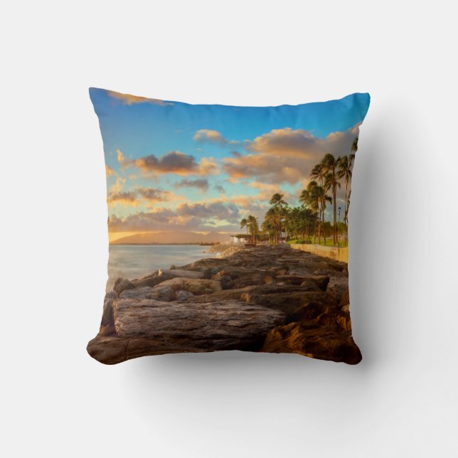Ocean Sunset Over Rocks And Palm | O'Ahu Throw Pillow (Front)
