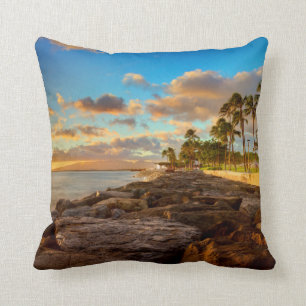 Ocean Sunset Over Rocks And Palm O'Ahu Throw Pillow