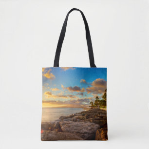 Ocean Sunset Over Rocks And Palm   O'Ahu Tote Bag