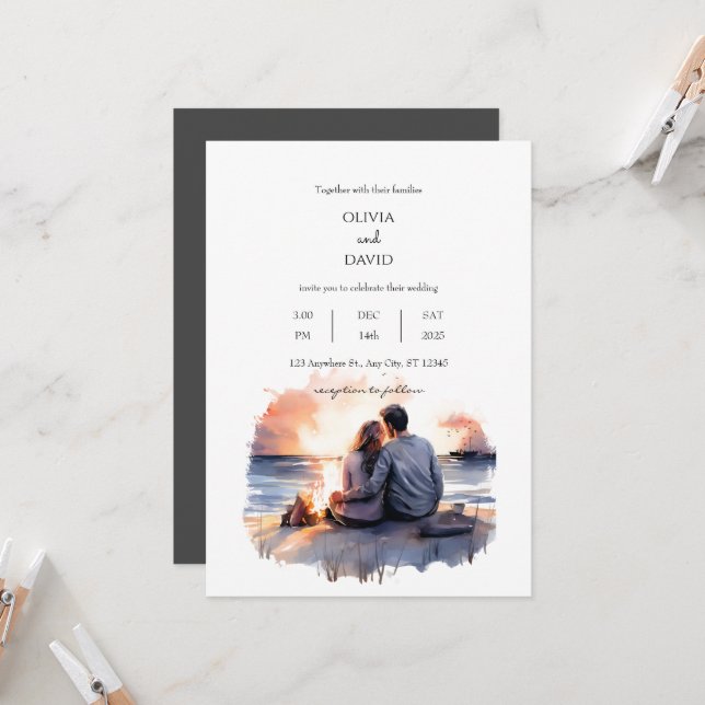 Ocean Sunset Romantic Couple Scenery Beach Wedding Invitation (Front/Back In Situ)