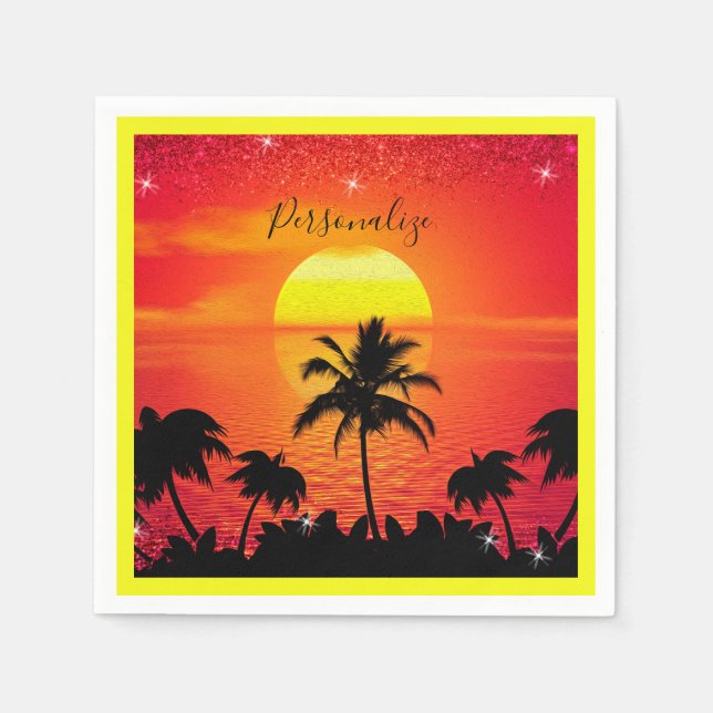 Ocean Sunset Tropical Beach Palm Trees Personalize Napkin (Front)