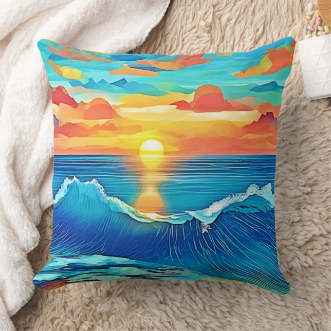 Ocean Sunset Wave Art Throw Pillow (Blanket)