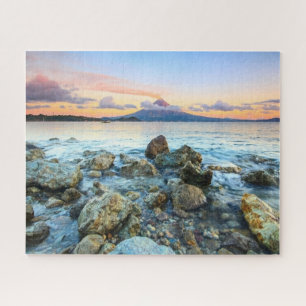 Ocean Sunset With Gentle Waves & Volcano Jigsaw Puzzle