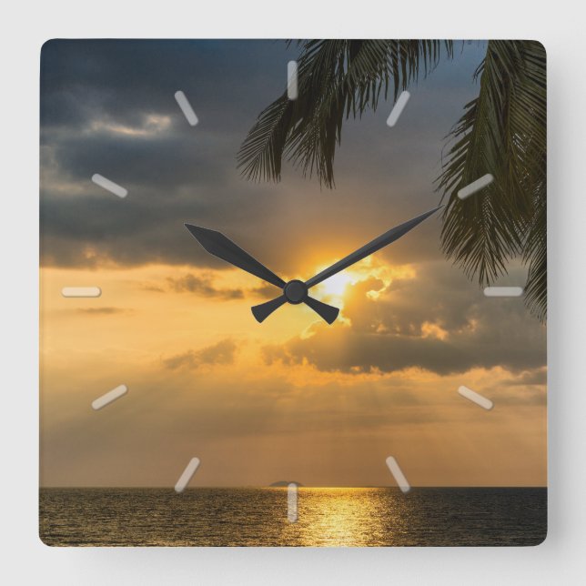 Ocean Sunset with Palm Tree Fronds Square Wall Clock (Front)