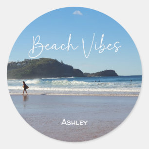 Ocean Surf Beach Surfer Photo Custom Name Classic Round Sticker