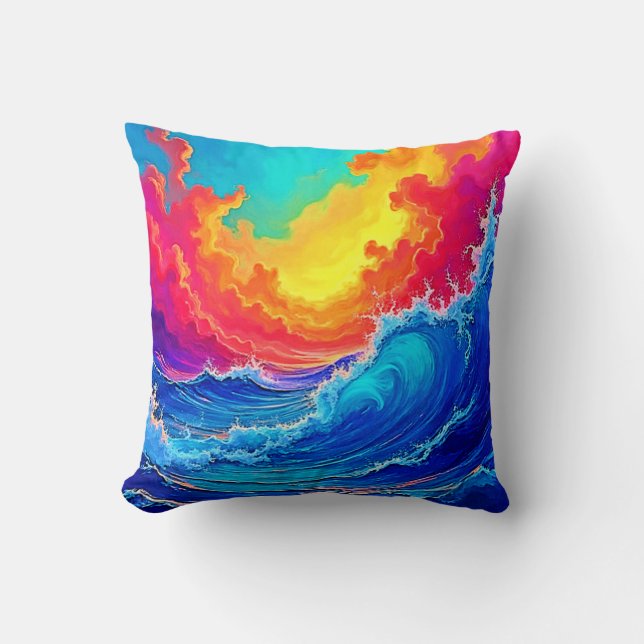 Ocean Surge: Radiant Sunset Wave Throw Pillow (Front)