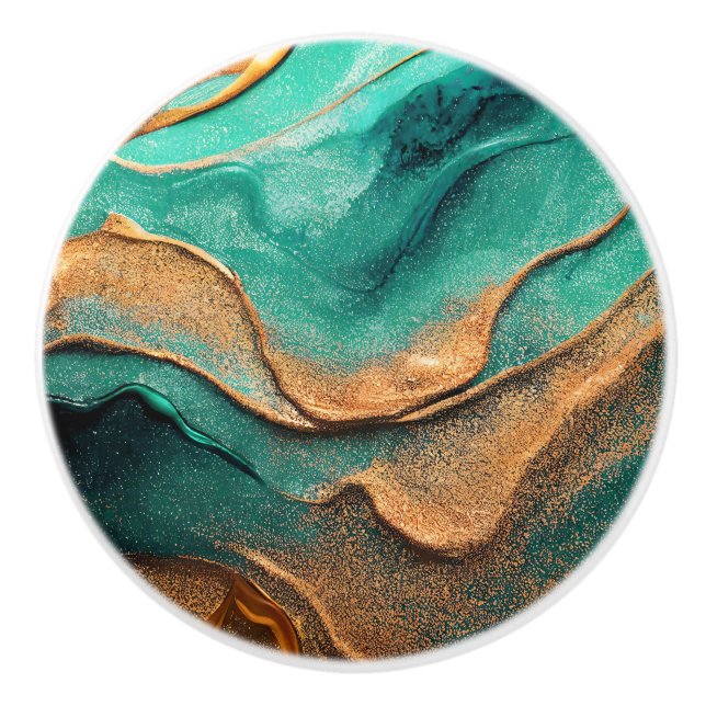 Ocean Teal and Bronze Abstract Art Ceramic Knob (Front)