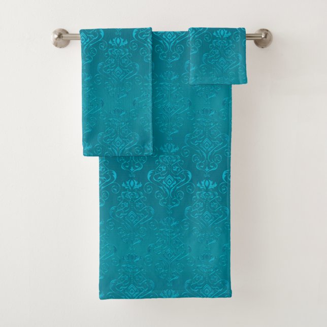 Ocean Teal Blue Floral Damask Gradient Print Bath Towel Set (Insitu)