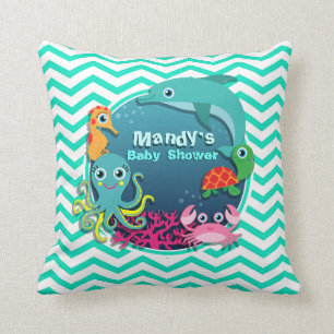 Ocean Theme Baby Shower; Aqua Green Chevron Throw Pillow