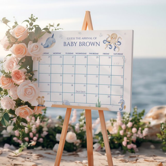 Ocean Theme Baby Shower Guess Due Date Calendar Poster (Creator Uploaded)