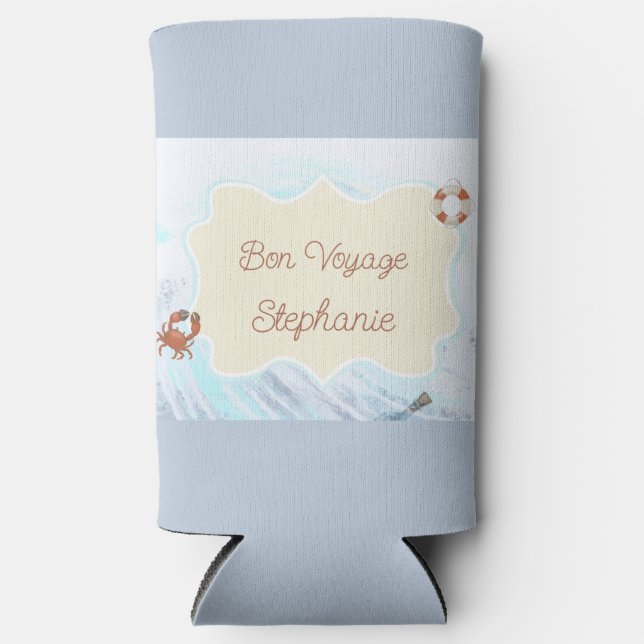 Ocean Theme Bon Voyage Personalized with Name Seltzer Can Cooler (Front)