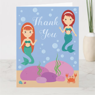 Ocean theme, mermaids swimming among bubbles thank you card