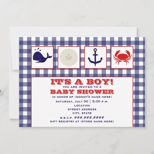 Ocean Themed Gingham Baby Shower Invitation (Front)