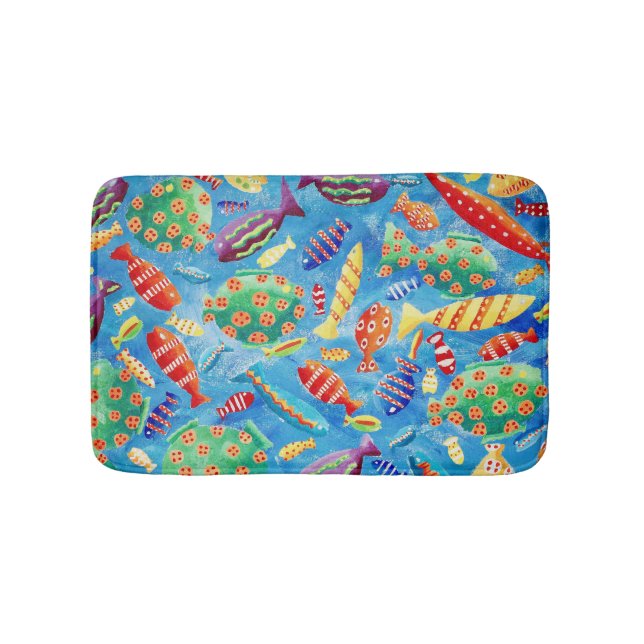 Ocean Tropical Fish Watercolour Rainbow Coloured Bath Mat (Front)