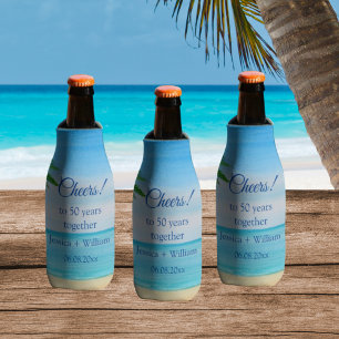 Ocean Tropical Golden 50th Wedding Anniversary  Bottle Cooler