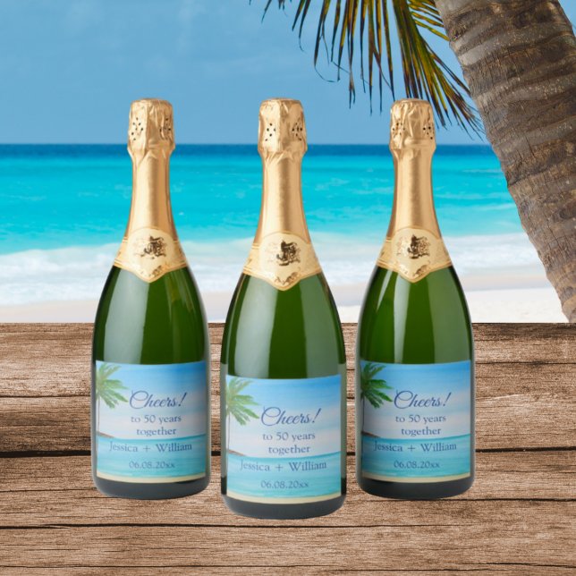 Ocean Tropical Golden 50th Wedding Anniversary  Sparkling Wine Label (Creator Uploaded)