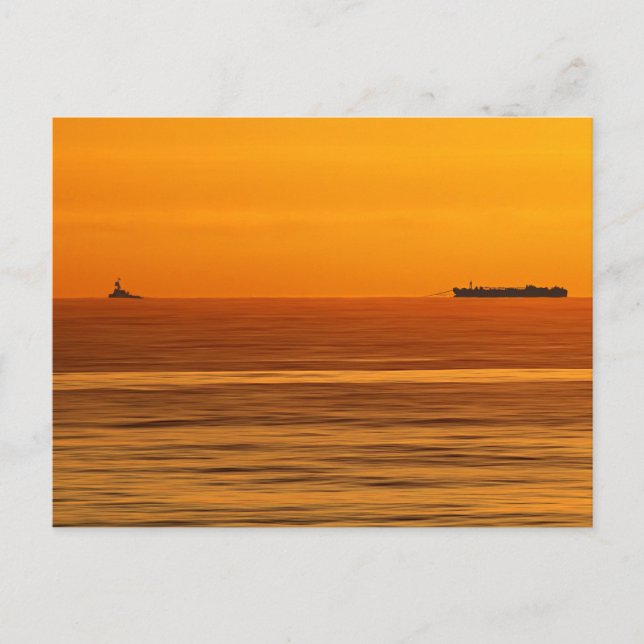 Ocean Tug and Barge at Sunrise Postcard (Front)