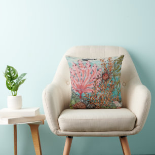 Ocean Undersea Crab Fish Aqua Pink Beach House Throw Pillow