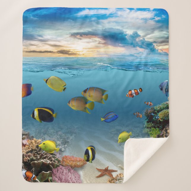 Ocean Underwater Coral Reef Tropical Fish Sherpa Blanket (Front)